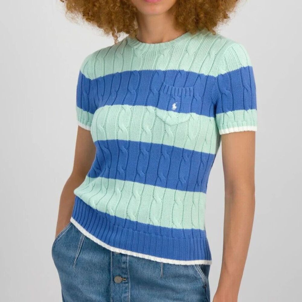 NWOT Womens Polo Ralph Lauren O Stripe Pkt T pima cotton cableknit sweater SZ S